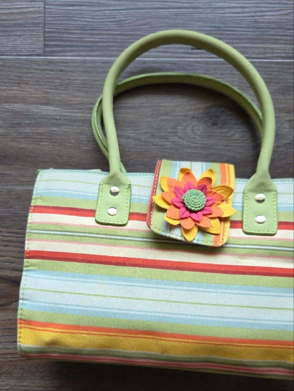 Vintage Longaberger Sisters Striped Floral Accent Purse Green Blue